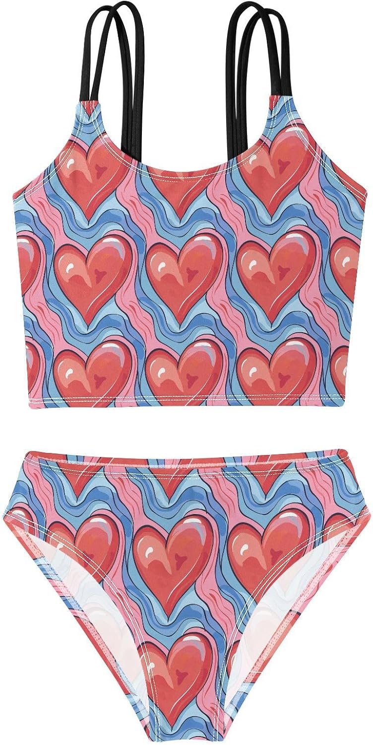 visesunny Girls Two Piece Swimsuits Cartoon Love Pattern Girl's Bikini Sets Bathing Suits for Girls Size 5-12Y