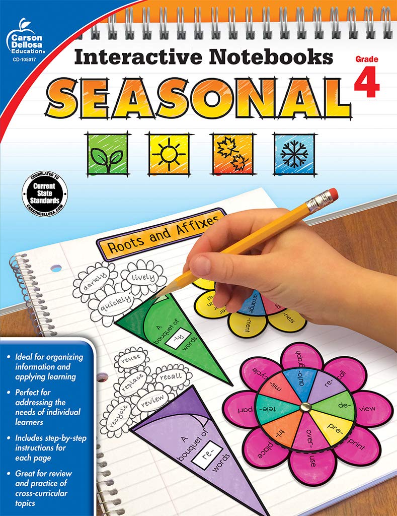 Carson Dellosa Seasonal Interactive Notebooks, Fall, Winter, Spring, and Summer Reproducible 4th Grade Math, History, Science, Vocabulary, Reading Comprehension Activities and Crafts