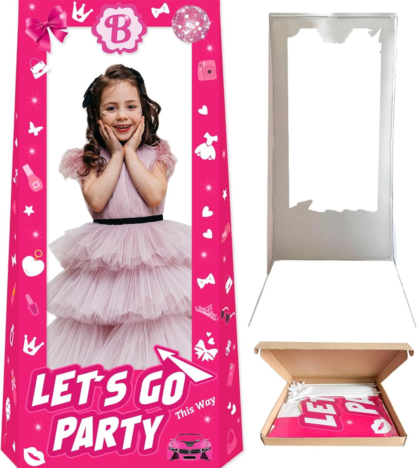 4.45ft Tall Life Size Photo Booth Props with Fixed Bracket(Stand-in Cardboard), Hot Pink Birthday Girls Photo Props for Birthday Party Decorations, Cute Girls Box for Photoshoot(53.2 * 39.5inches)