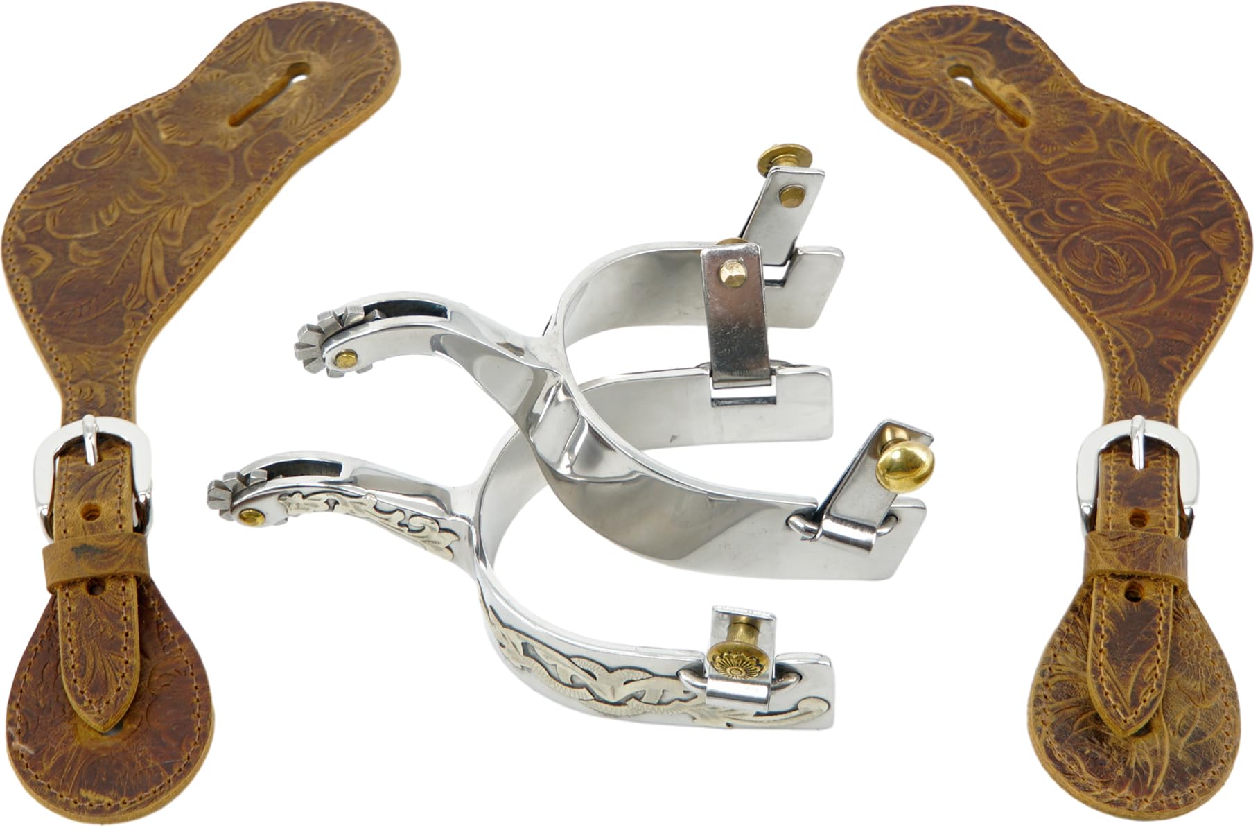 Jeereal Cowboy-Sporen für Herren, Edelstahl, mit Sporenriemen, gravierte deutsche Silberbesätze, Eisen, 2,5 cm Band, 5,4 cm Schaft
