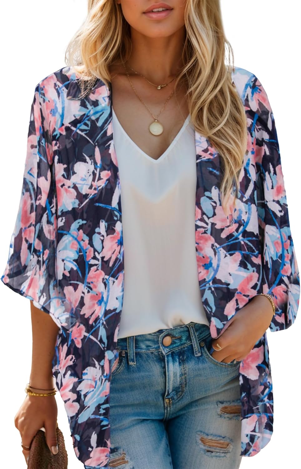 Moss Rose Women's Beach Kimono Coverup Sheer Chiffon Cover Ups, Casual Loose Open Front Cardigan Tops