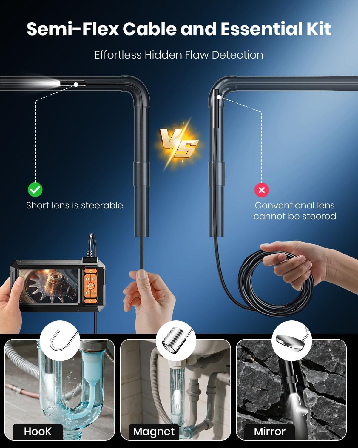 Endoskopkamera mit Licht, Endoskop mit 4,3 Zoll IPS-Bildschirm, 1080P HD mit 8 LED-Lichtern, halbstarrer Kabelbohrungsbereich, Gadgets für Männer & Werkzeuge für Männer (10M)