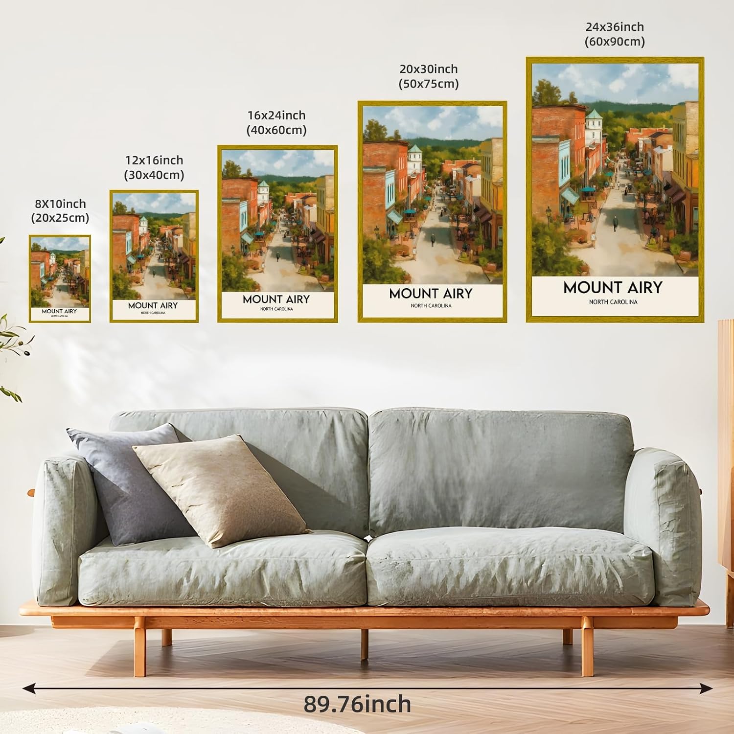 Large Gold Framed Mount Airy North Carolina Travel Canvas Wall Art Vintage Small Town Street Landscape Painting Poster Colorful Vacation American City Hometown Artwork Print for Home Decor 24x36inch