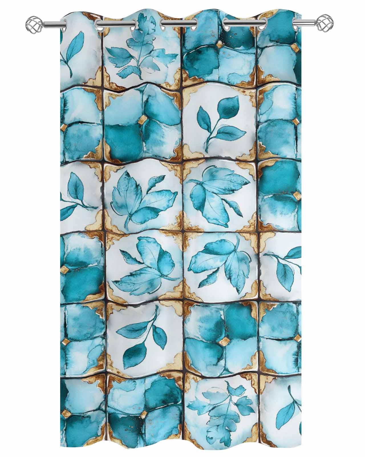 EZON-CH Outdoor Curtain for Patio Waterproof, Teal Blue Leaves Cubic Splicing Texture Outside Curtains with Grommet Top Curtain Panels Drapes for Pergola, Gazebo, Balcony 54