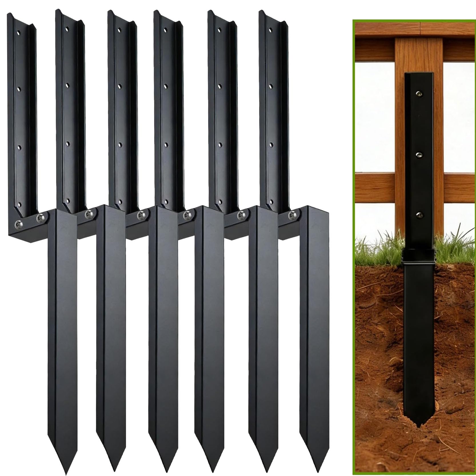 LQSYBHD Heavy Duty Black for Fix Wooden Broken Posts Fence Post Repair,Heavy Duty Fence Post Kit Anchor Ground Stakes for Repairing Tilted,Broken Wood Support(Color:6pack)