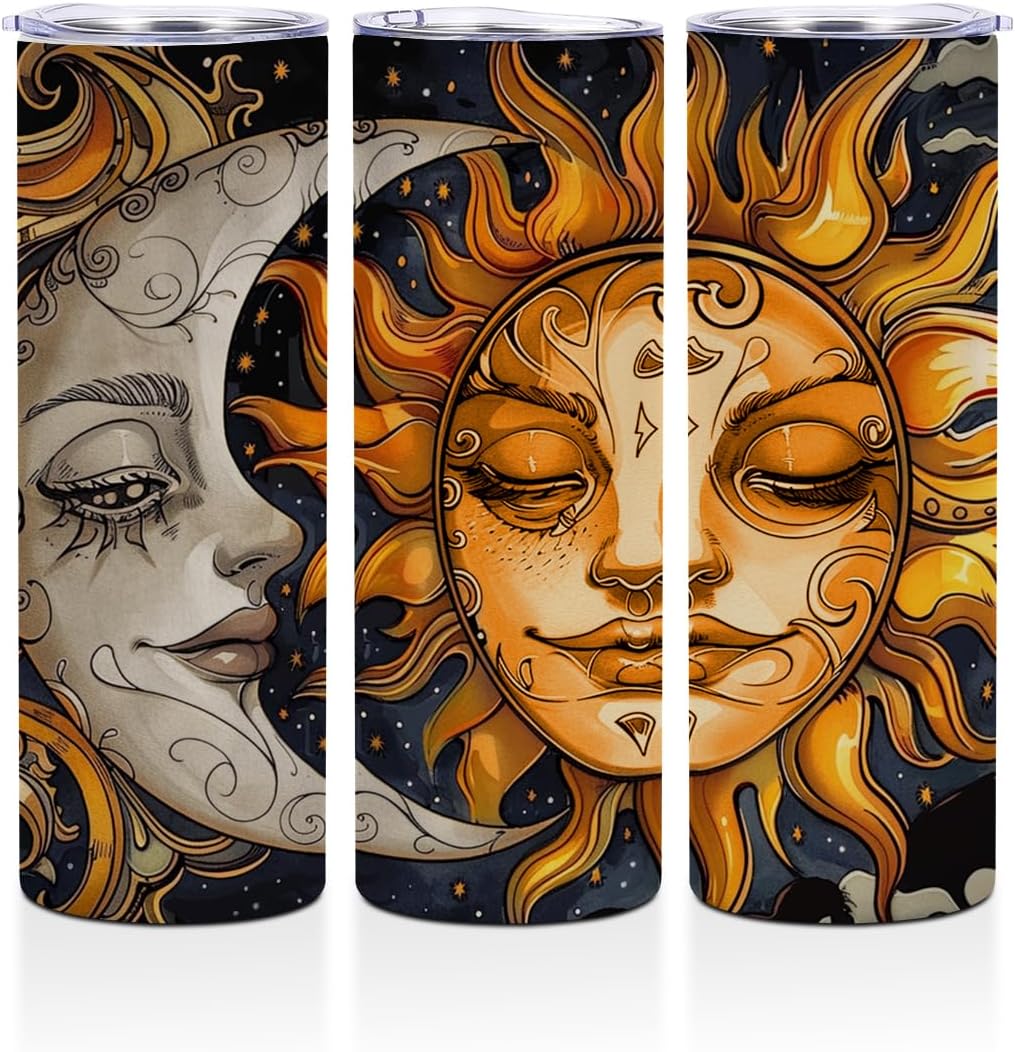 Mystical Boho Moon Sun Tumbler Stainless Steel Insulated Tumblers 20 oz Coffee Mug Thermal Travel Cup with Lid for Home Office Car, Witchy Tarot Gifts Boho Halloween Christmas Friendship Birthday Gift