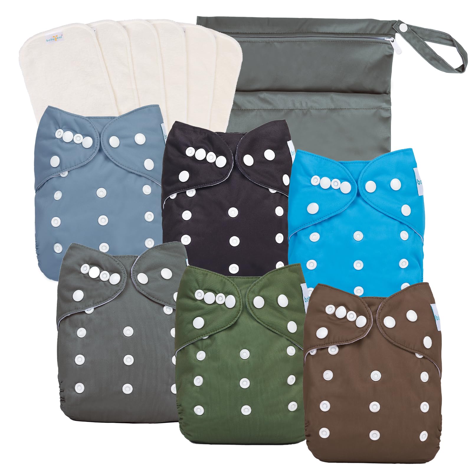babygoal Baby Boy Cloth Diapers 6 Pack with 6pcs Inserts and Wet Bag, Reusable Waterproof Diaper Covers for Toddlers with Snap Closure