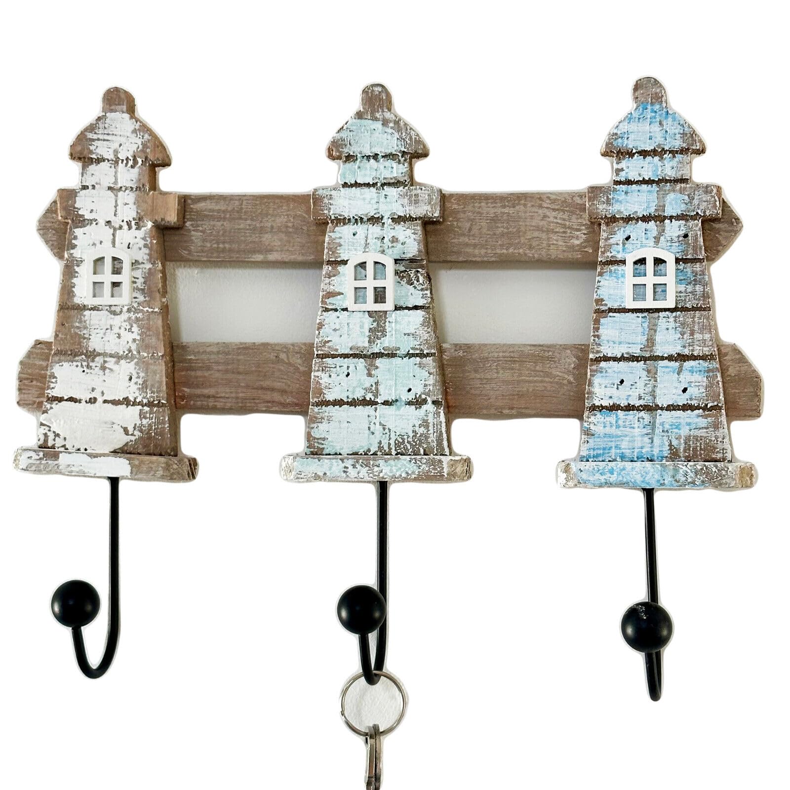 Darthome White Rustic Lighthouse Wall Hooks 3 Wooden Hook Coat Keys Holder Nautical Decoration 28X22cm