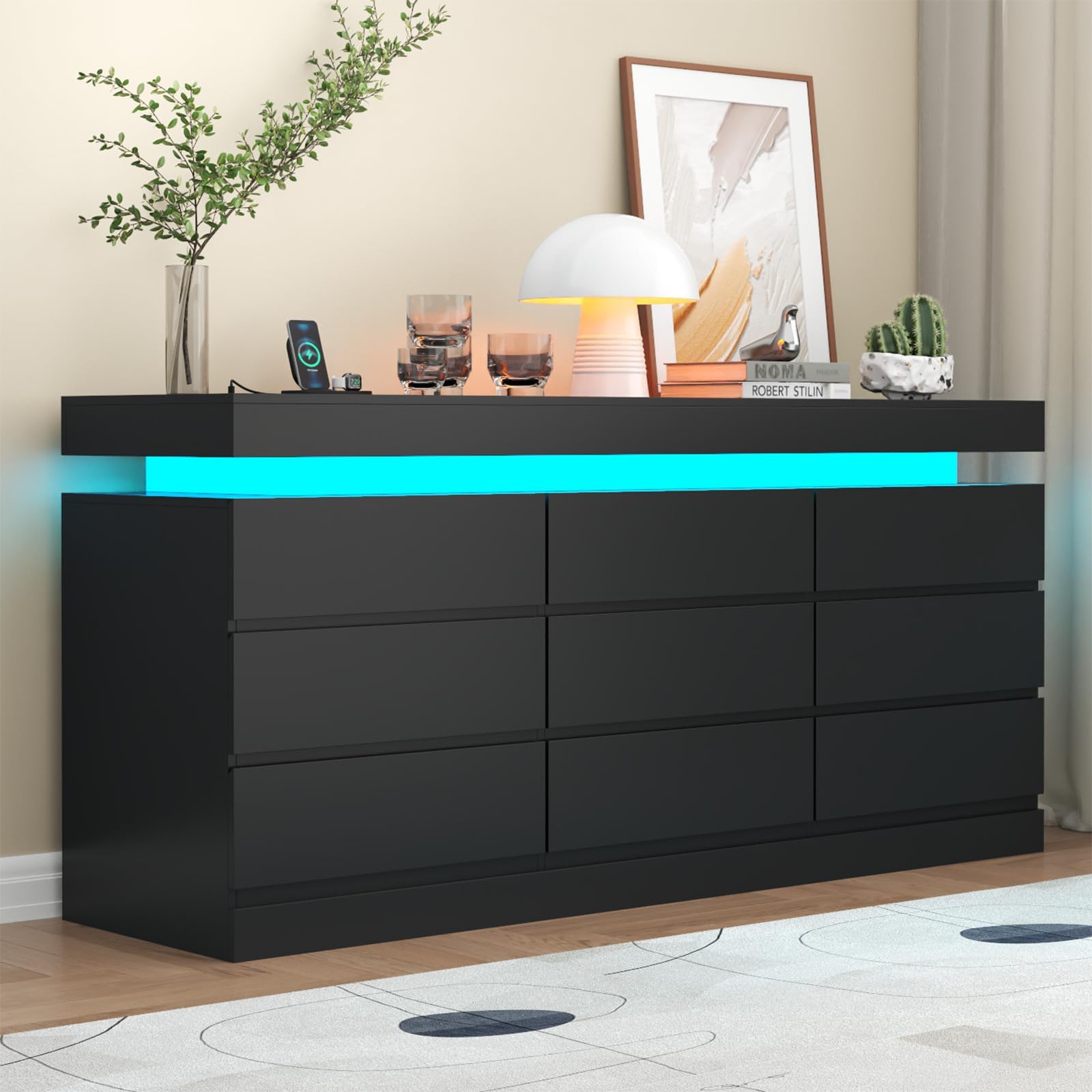 9 Drawer Dresser with Power Outlet, Dresser with LED Light, Modern Chest of Drawers for Closet, Double Wide Drawer Organizer Cabinet for Bedroom, Living Room (Black, 9 Drawers)