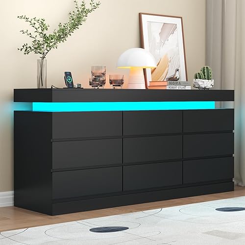 Miniatura 14 de Cómoda de 6 cajones con toma de corriente, Cómoda con luz LED, Cajonera moderna para armario, Organizador de cajones doble ancho para dormitorio,
