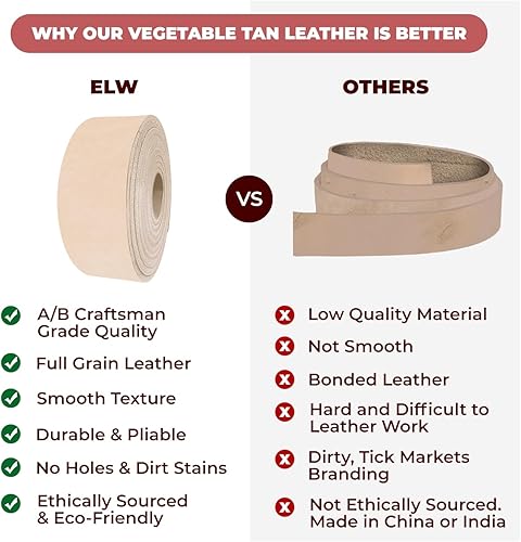 Miniatura 6 de ELW - Cinturón de cuero en blanco, grosor de 3 a 15 onzas, tamaño de 12 a 8 pulgadas de ancho y 50 a 84 pulgadas de largo, correa curtida vegetal de