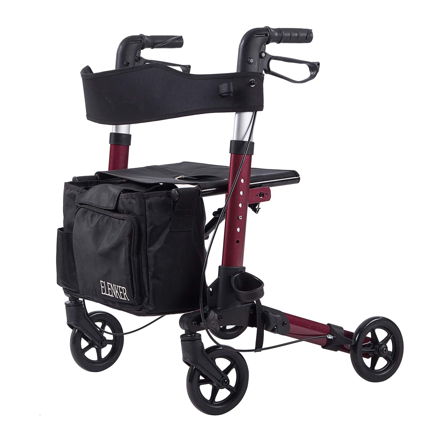 ELENKER Lightweight Rollator Walker, Foldable Compact Stable Rolling Walker with Seat, Detachable Storage Bag, Red (fits 4’9”-5’10”)