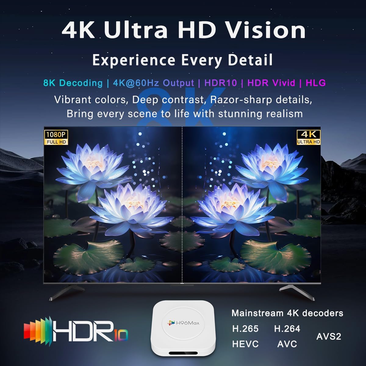M1 Plus Android 14.0 TV Box 2025, 4K Ultra HD Streaming Device for TV, 4GB RAM + 32GB ROM, Support 8K Decoding, Voice Remote, WiFi 6, BT 5.4, HDR10, 3D, H.265 H.264 AVS2, RK3528 Quad-Core A53