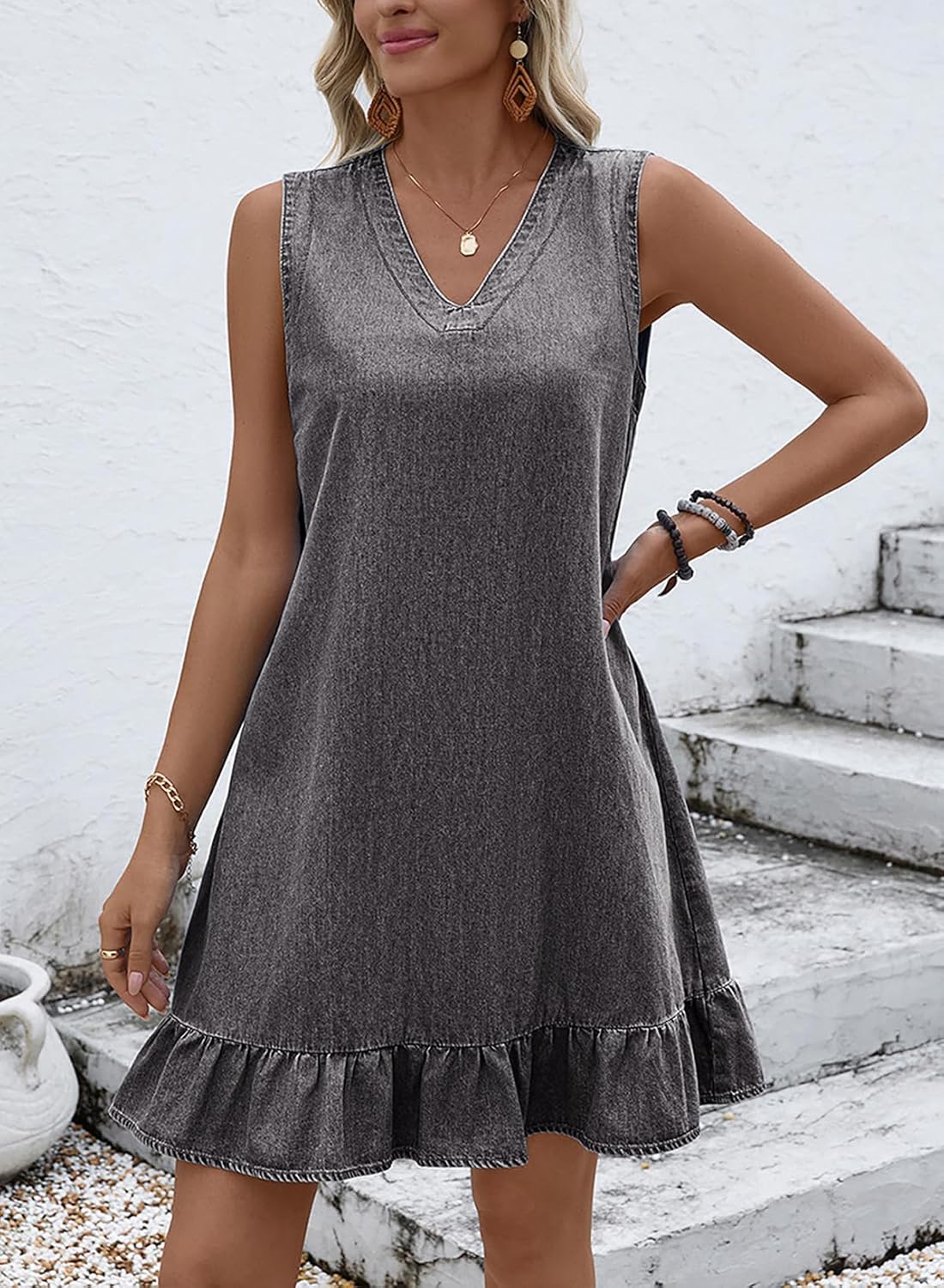Dokotoo Denim Dress for Women Spring Summer Sleeveless V Neck Ruffle Hem Lightweight Casual A-Line Mini Jean Dresses - Image 4