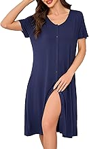 Lovasy Nachthemd Damen Kurzarm Baumwolle Schlafshirt mit Durchgehende Knopfleiste Big Shirt Damen V-Ausschnitt Schlafhemd