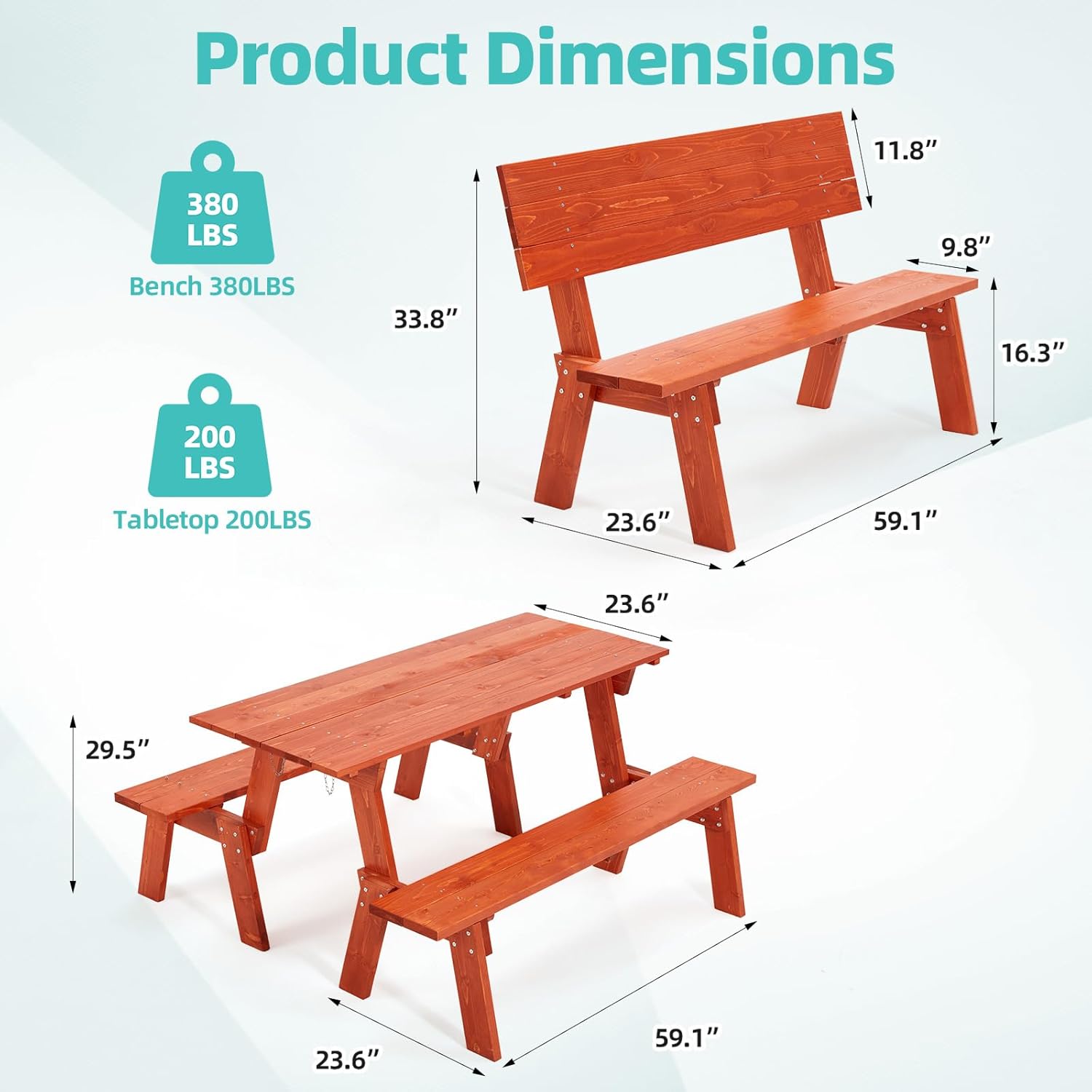 AVAWING 2 Piece Outdoor Convertible Bench, 2-in-1 Transforming Picnic Table Set, Wooden Garden Bench for Backyard, Porch, Patio, Tangerine