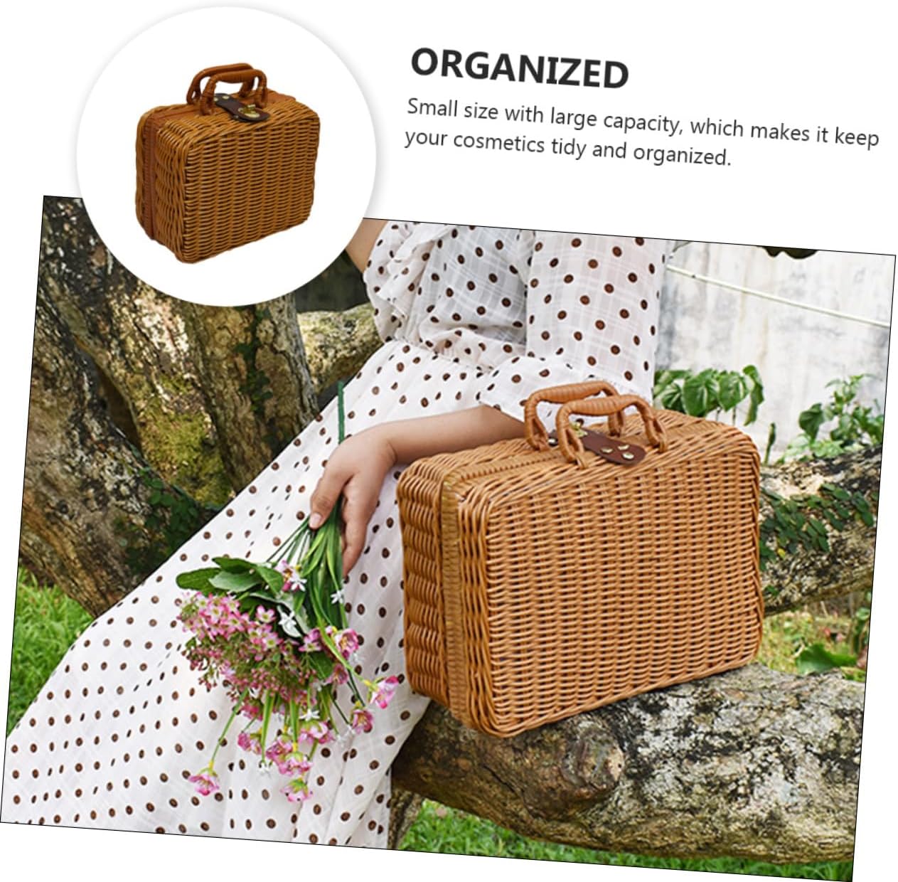 1pc Woven Cosmetics Organizer Case Portable Vintage Makeup Storage Box Handle Imitation Rattan Material for Home Decoration and Travel