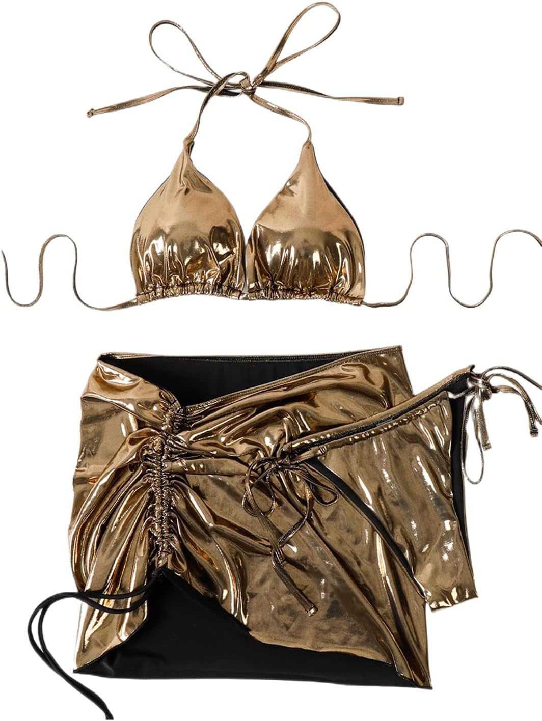 ZGMYC Women's 3 Piece Holographic Snakeskin Print Triangle Bikini Swimsuit with Sexy Cutout Cross String Cover Up Mini Skirt