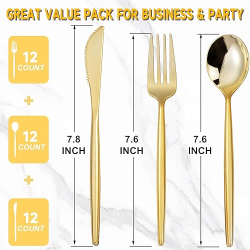 Miniatura 2 de MirthMood - 36 cubiertos de plástico dorados, cubiertos dorados desechables, utensilios desechables resistentes, juego de cubiertos de plástico,