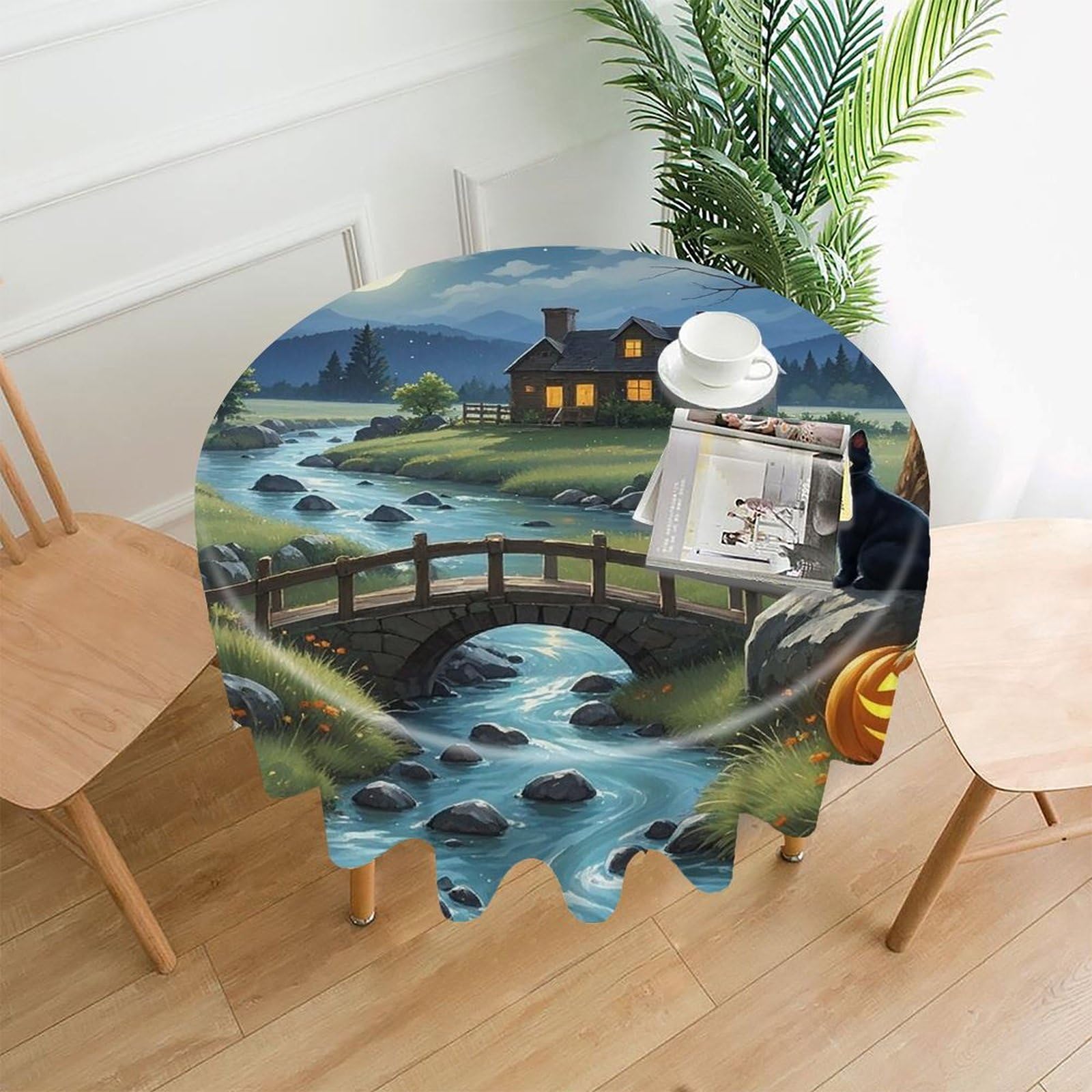 FekiLoot Full Moon Bridge Black Cat Round Tablecloth Cover 60 Inch Wrinkle Free Washable Polyester Fabric Table Cover Decorative Round Table Cloth for Home Dining Kitchen Party Farmhouse
