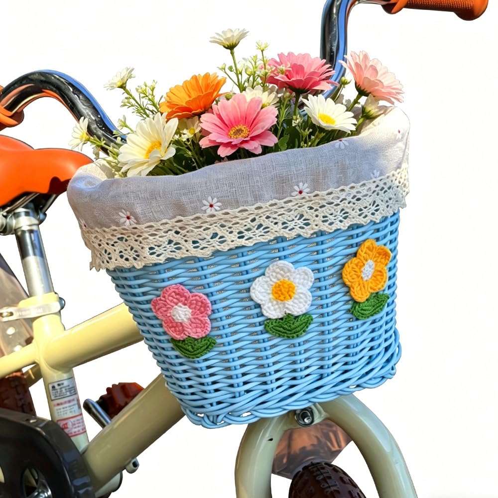 Kids Bike Basket, Handwoven Bicycle Basket, Plastic Wicker Scooter Baskets with Leather Straps and Flower Decorations, Bike Basket Front for Boys Girls Bicycle Trike Scooter Balance Bike (Blue)