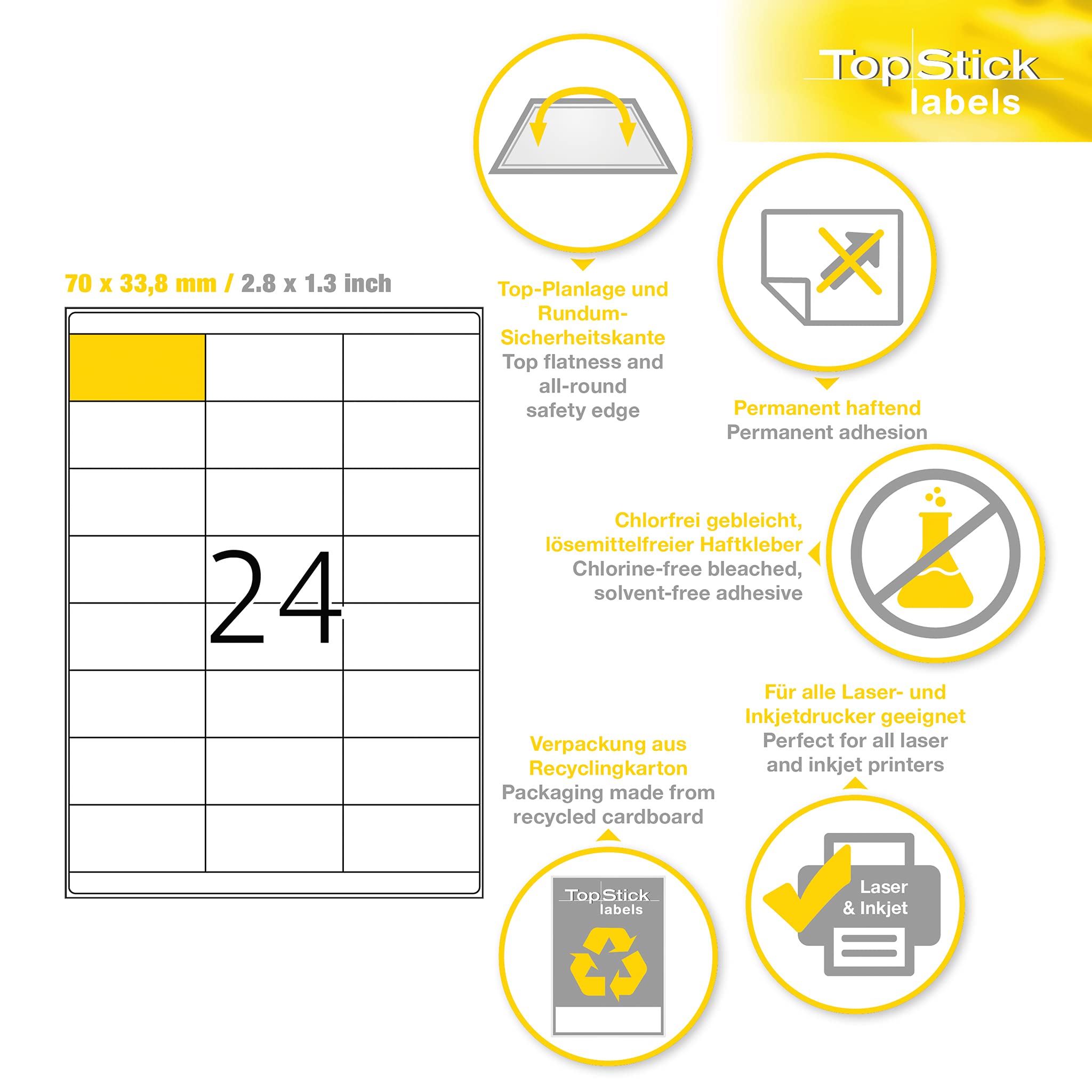 TopStick 8792 uniwersalne etykiety DIN A4, zestaw 10 sztuk (70 x 33,8 mm, 1000 arkuszy, papier, matowe) samoprzylepne, do zadrukowania, trwałe naklejki adresowe, 24 000 etykiet samoprzylepnych, białe