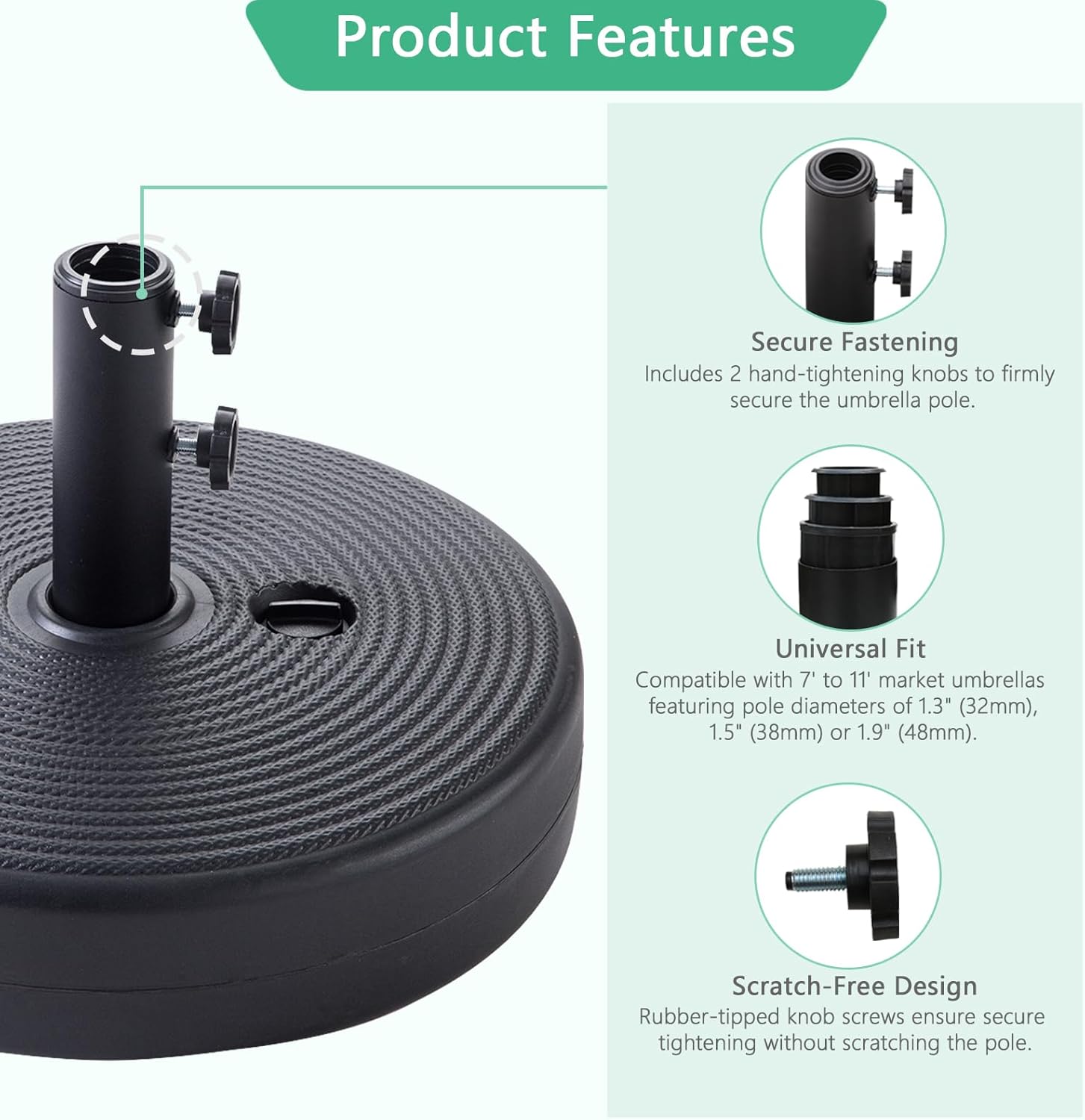 Helios&Hestia 60 lb Heavy Duty Round Umbrella Base, Plastic Water and Sand Fillable Outdoor Stand Weight for Patio Market Table Umbrella, Black