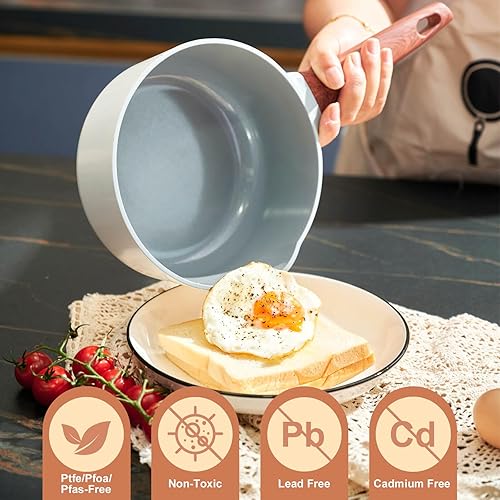 Miniatura 2 de Sartén antiadherente de 2 cuartos de galón con tapa, olla de cerámica para cocinar con boquilla de vertido, olla de cocción pequeña con asa para