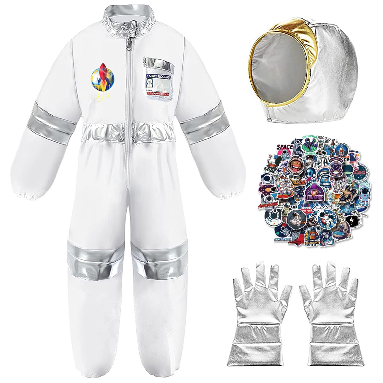 BIGTHREE Astronaut Costume for Kids, Space Costume for Kids with Jumpsuit Gloves, Helmet Name Card, and 50 Pcs Astronaut Stickers, Spaceman Role Play Costume Set for Children