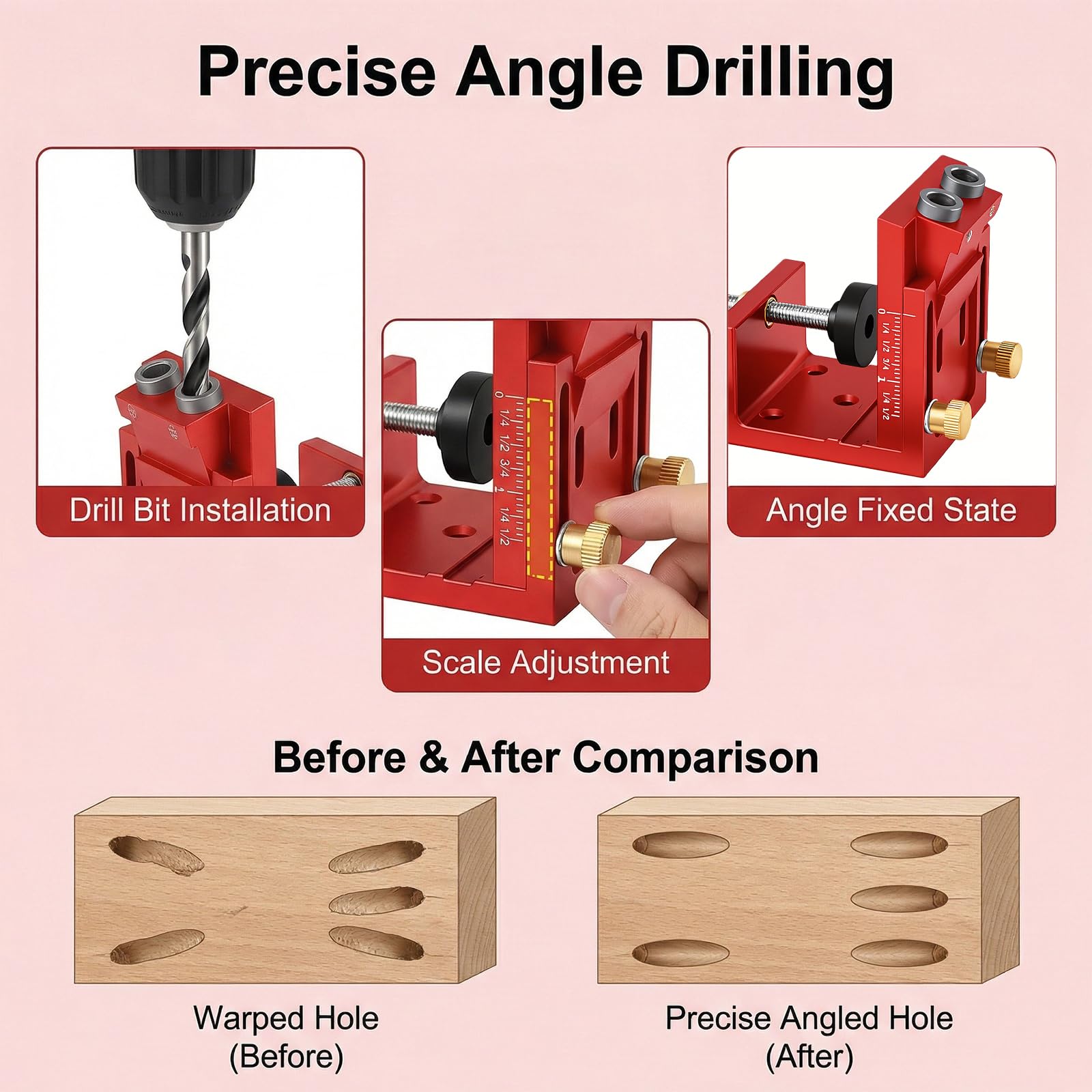 Kit De Gabarit De Trou De Poche: Adjustable Kit D'outils De Gabarit De Percage Oblique, Positionneur De Trou Oblique Avec Mèche De φ9mm, Ajustable Guide De Percage Pour Travail Du Bois (Rouge)
