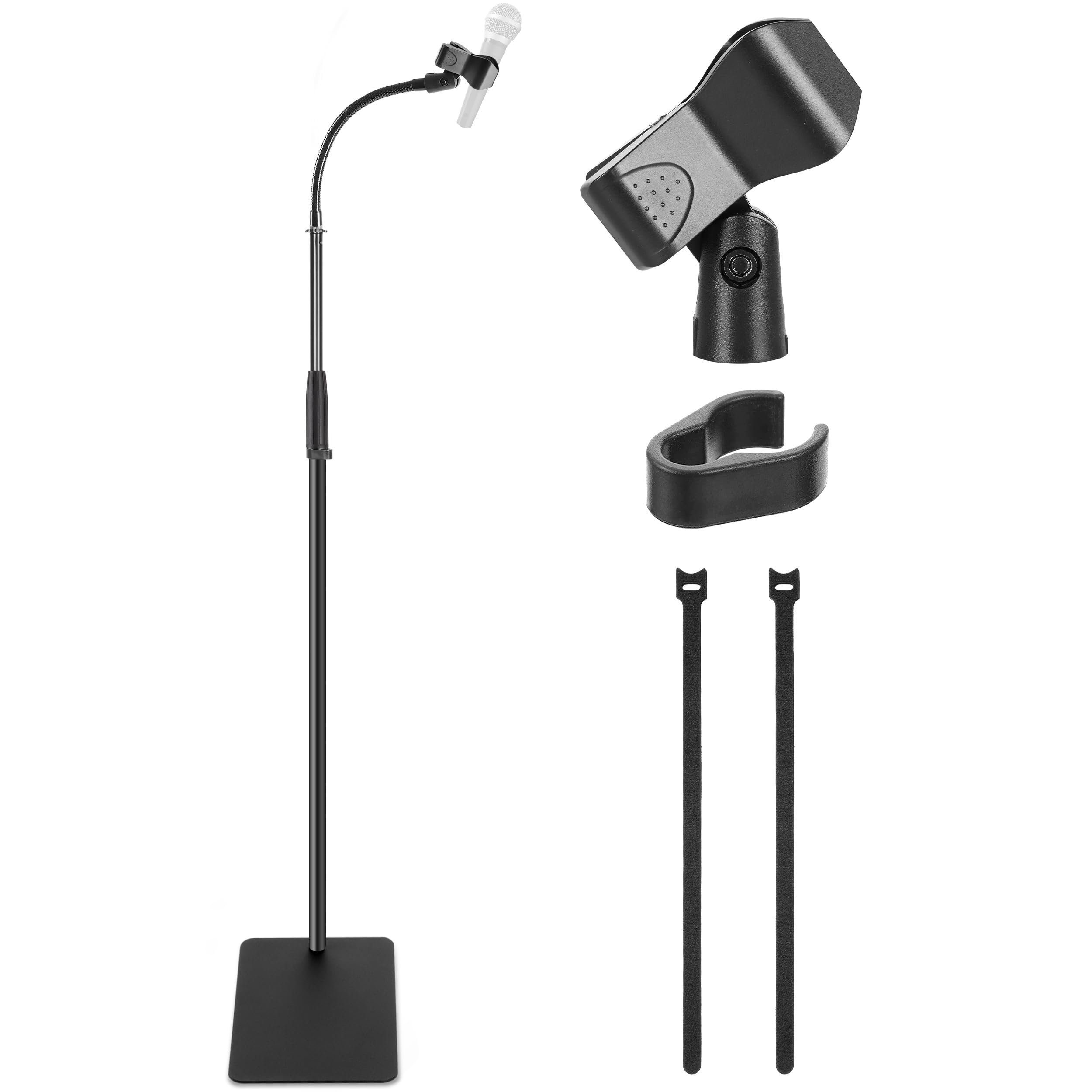 Pyle Mic Stand Microphone Holder – Heavy-Duty Adjustable Floor Stand with Gooseneck and Square Base, Cable Clip & 5/8" Adapter for Studio, Recording, Stage & Live Performance