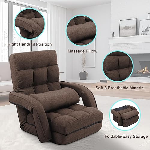 Miniatura 4 de Silla de suelo ajustable para adultos con apoyo trasero, sofá perezoso plegable de 5 posiciones con almohada, silla de juegos y meditación con tela