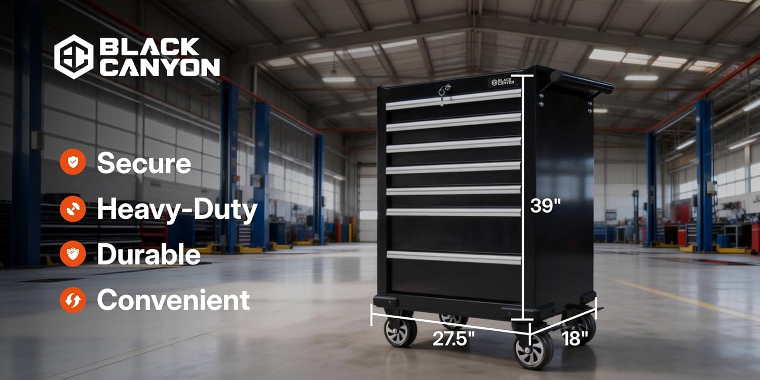 BLACK CANYON 26" Rolling Tool Chest with 7 Drawers - Heavy Duty Steel Construction, Slip-Resistant Liners, Polypropylene Casters for Garage, Workshop & Home