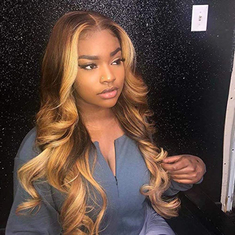 150% Density Body Wave Lace Front Human Hair Wigs Ombre Color #4T27 Glueless Brazilian Human Hair Front Lace Wig With Highlight (14 Inch, #4/27 Color)