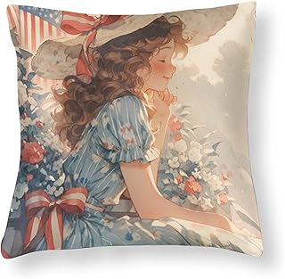 Happy 4th of July Vintage Lovely Girl with Flowers Satin Square Throw Pillow Covers Independence Themed Decorative Throw Pillow Covers 18