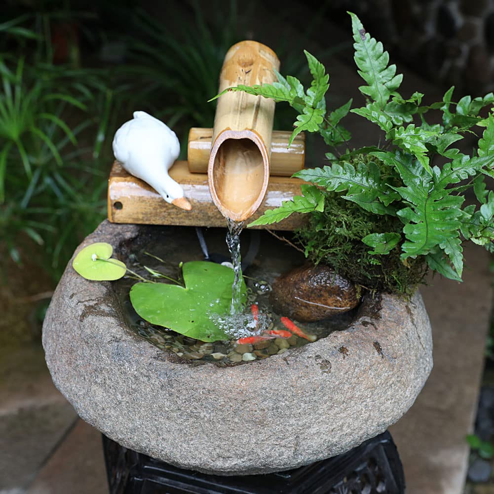 Fontana d'Acqua Giapponese, Fontana da Giardino Zen con Accenti di bambù, Pompa E Ciotole in Pietra, Mini Vasca per Uccelli con Laghetto per Pesci