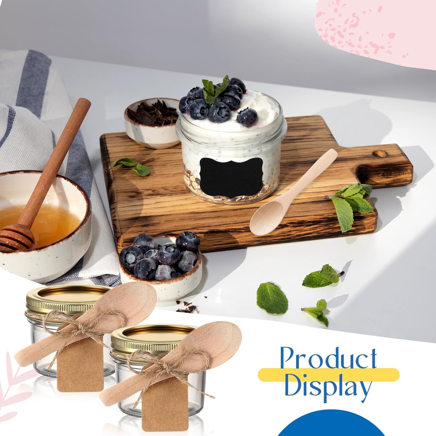 Baderke 20 Set Mini Mason Jars with Wood Spoon 4 oz Mini Jam Jars with Lids and Labels, Small Glass Canning for Jelly Spice Herbs Honey Storage Bridal Shower Wedding Favors DIY Candles (Gold)