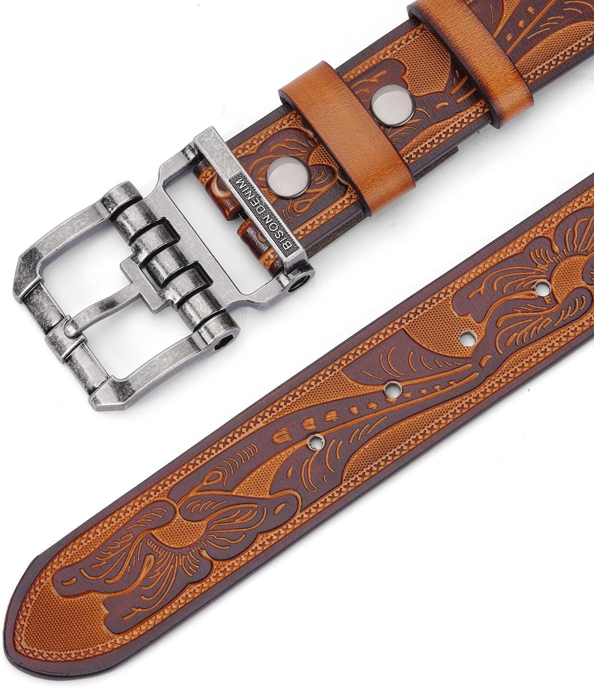 BISON DENIM Men's Genuine Leather Casual Belt, Classic Western Cowboy Dress Belts - Image 6