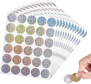 FINGERINSPIRE 12 Sheet 360Pcs Holographic Shiny Scratch Off Stickers Labels 25mm/1" Round Scratch Off Stickers Sparkle Round Dot Sticker Self Adhesive Scratch Off Cards for Lottery Tickets DIY