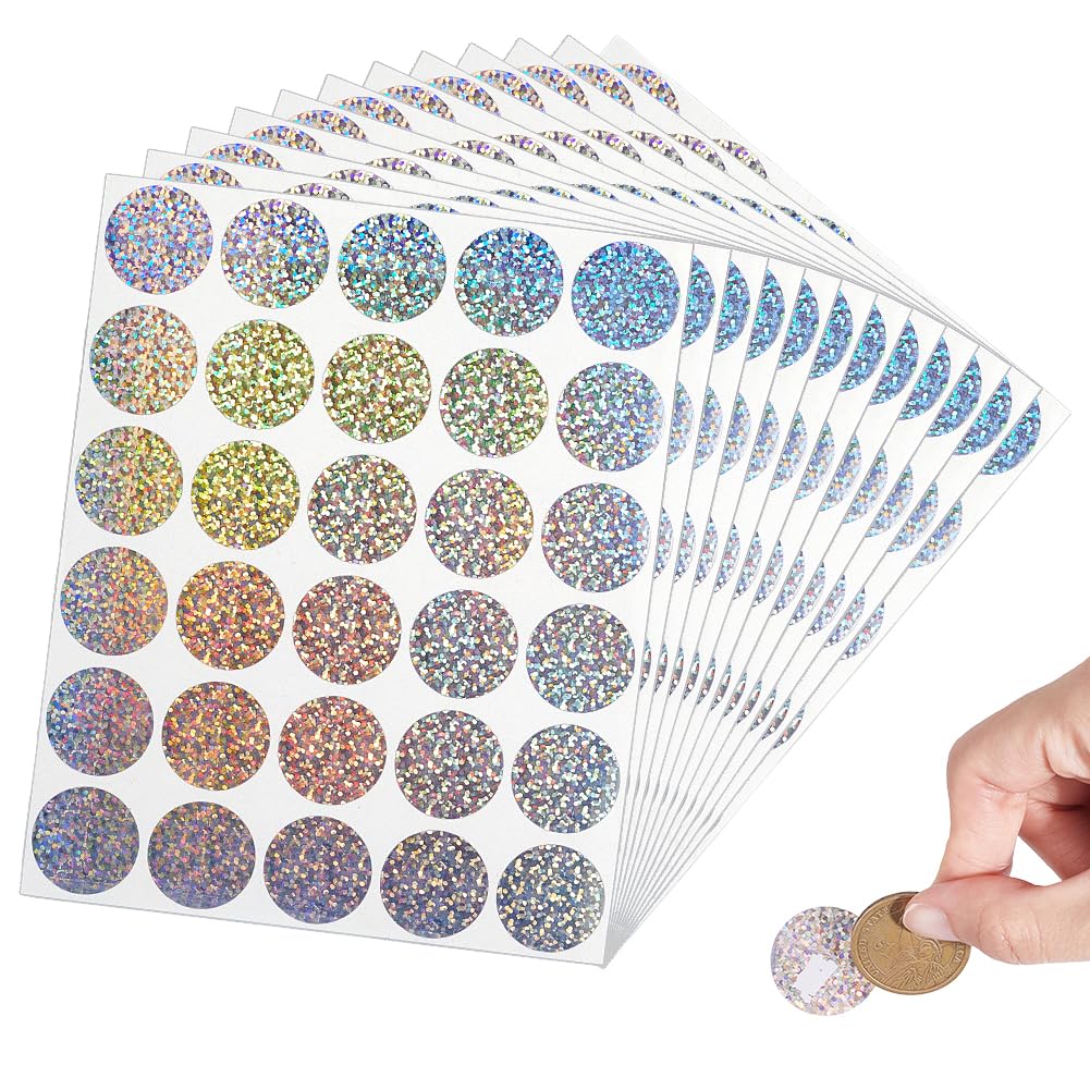 FINGERINSPIRE 12Sheet 360Pcs Holographic Shiny Scratch Off Stickers Labels 25mm Sparkle Round Dot Scratch Off Stickers Self Adhesive Scratch Off Cards for Tickets DIY, Gender Reveal, Reward Programs
