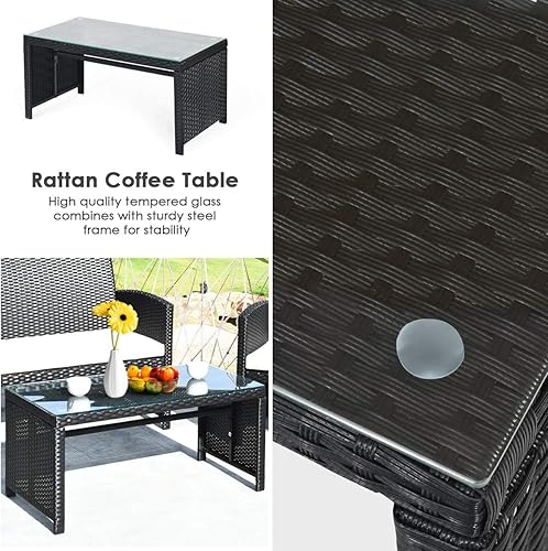 Miniatura 7 de Tangkula Juego de muebles de conversación de mimbre para patio, juego de sofá y mesa Patiojoy con 4 asientos, juego de sofá de ratán al aire libre