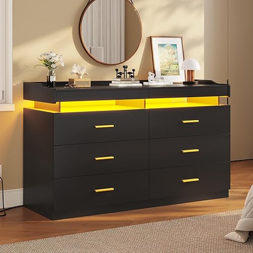 BTHFST LED Dresser for Bedroom Wood, 6 Drawer Dresser with 2 Pull-Out Trays, Chest of Drawers for Bedroom, Modern Wide Dresser for Living Room, Entryway, Black