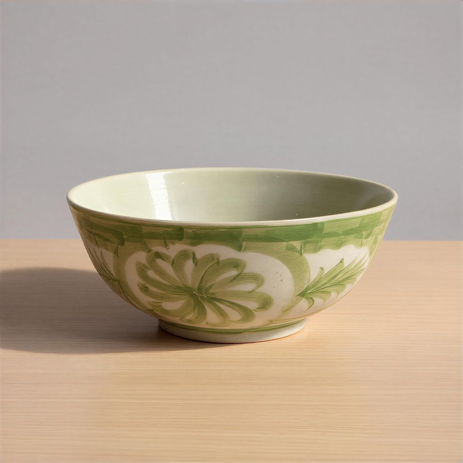 Creative Co-Op Hand-Painted Stoneware Bowl with Water Color Floral Design, Green