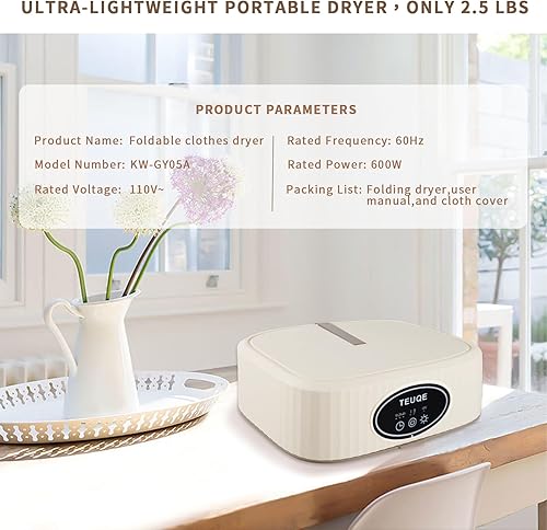Miniatura 3 de Teuqe Secadora de ropa portátil - Máquina de esterilización y secado eficiente de 600 W para prendas. Ideal para el hogar, hoteles, casas rodantes y