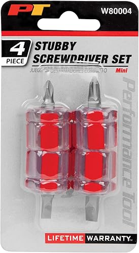 Miniatura 2 de Performance Tool W80004 Juego de 4 piezas de mini destornilladores rechonchos (tamaños Phillips: #1 y #2, tamaños ranurados: 3/16 y 1/4"),