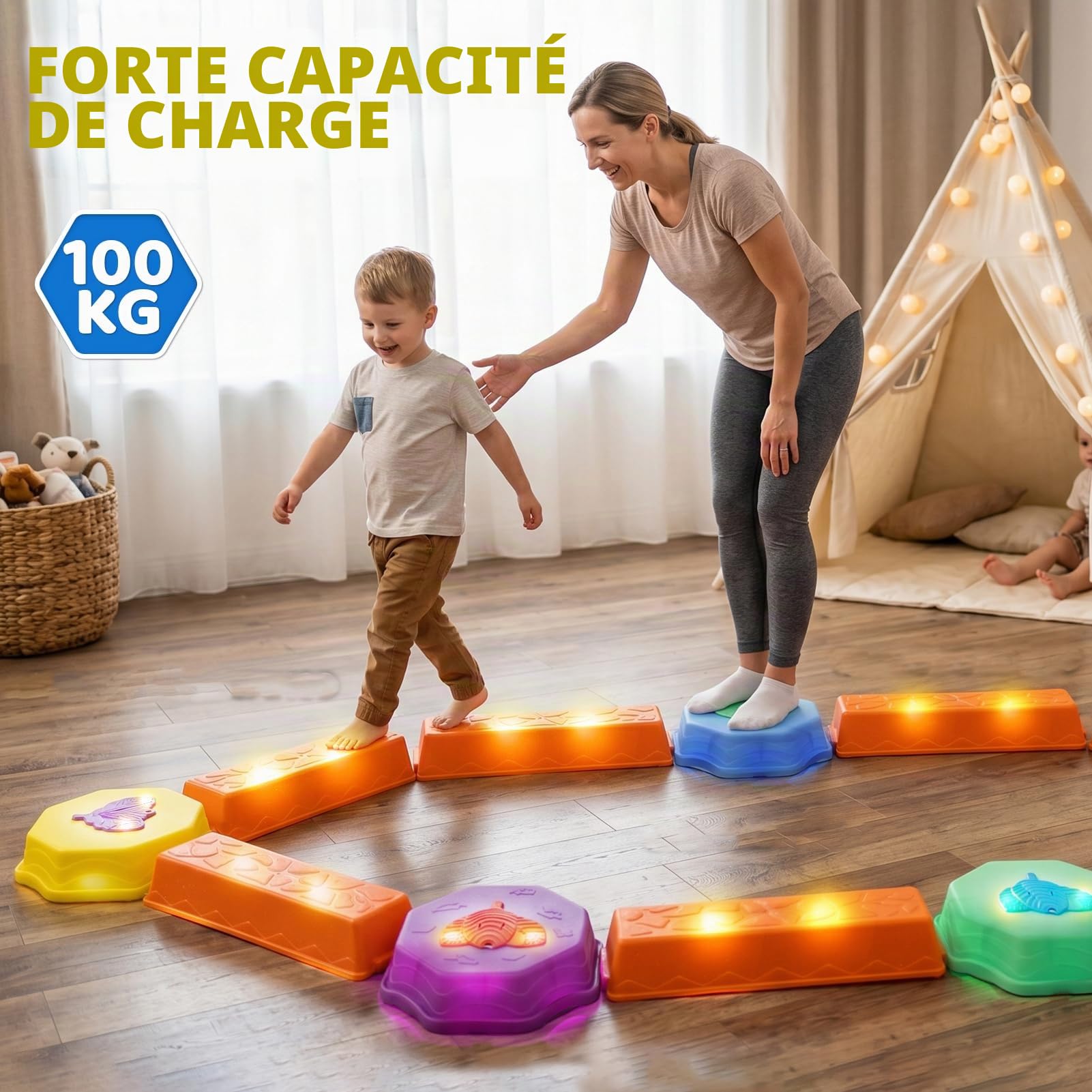 LZDMY Pierre d'équilibre pour Enfants avec Lumières et Musique 13PCS | Pierres Durables Antidérapantes Kit Module Motricité Bébé Jouet Sensoriel dès 2 3 4 Ans