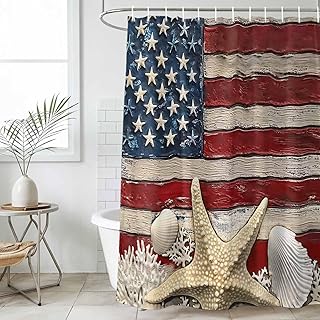 Coastal American Flag Waterproof Fabric Shower Curtain for Bathroom with 12 Hooks, Starfish Shell Vintage Washable Hotel Style Bath Curtains, Bathroom Curtains 36x72 Inches