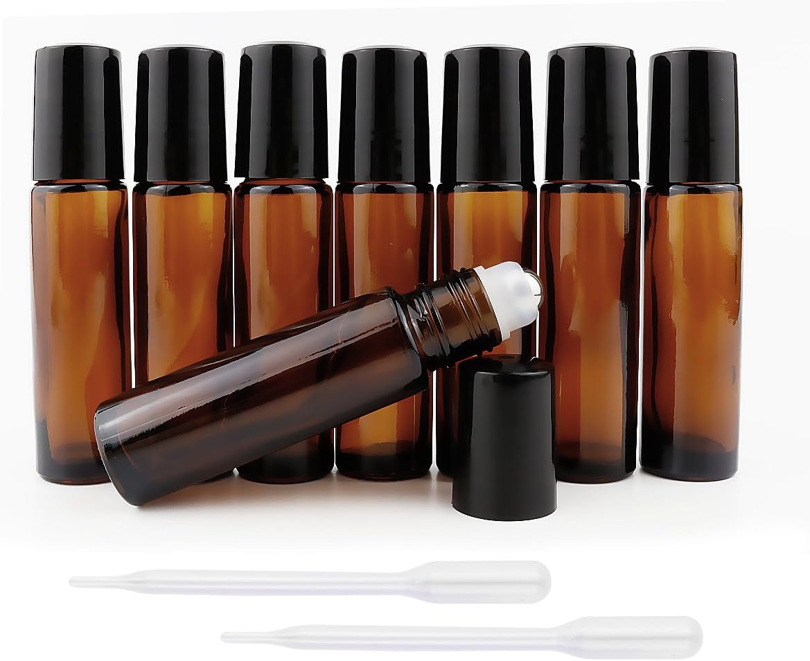 8 New, 10ml Essential Oil Glass Refillable Bottles, Stainless Metal Roller Ball, 0.5ml Dropper Transfer Pipettes Included ( Amber Color )