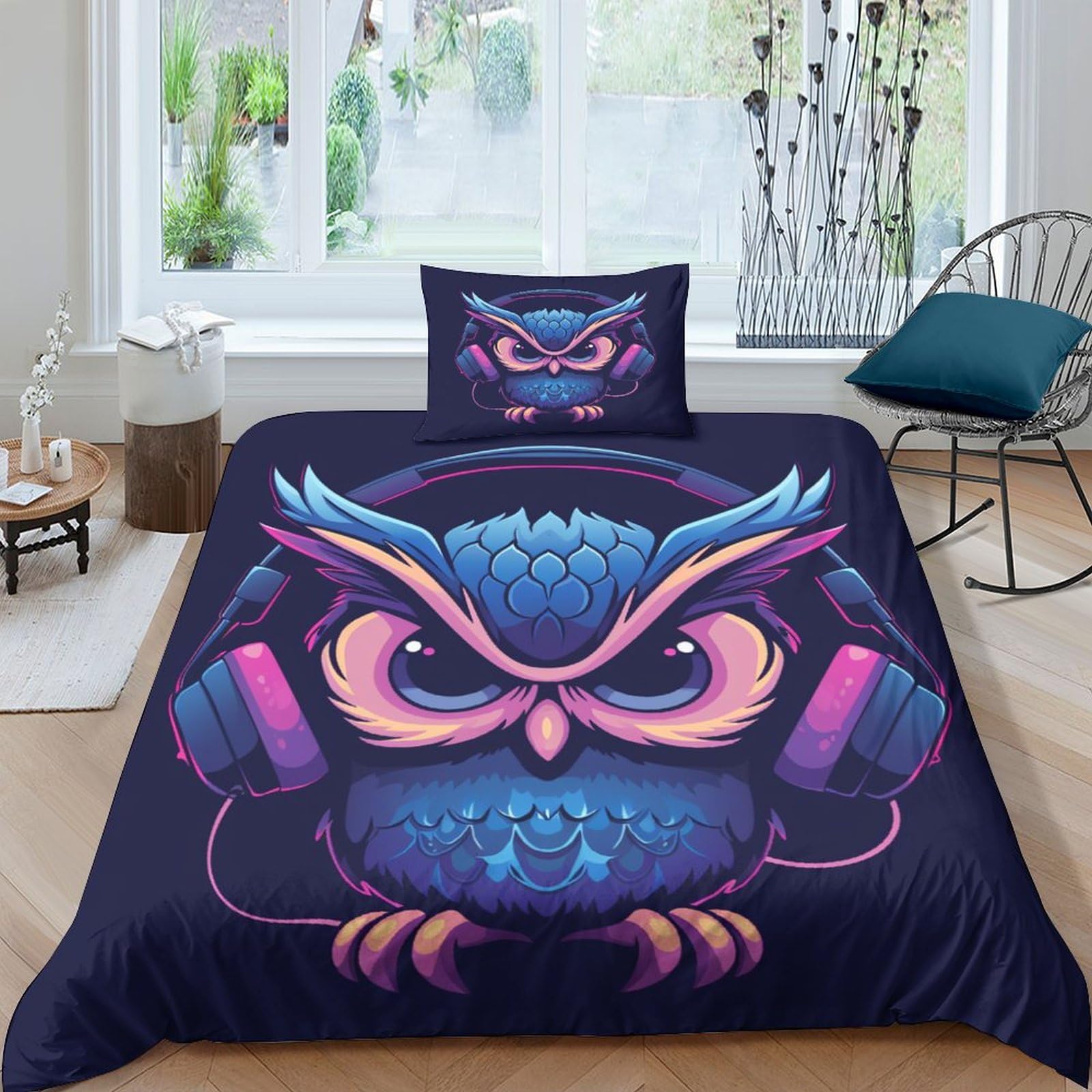 Housse de couette hibou 135x200 cm avec 2 taies d'oreiller en microfibre