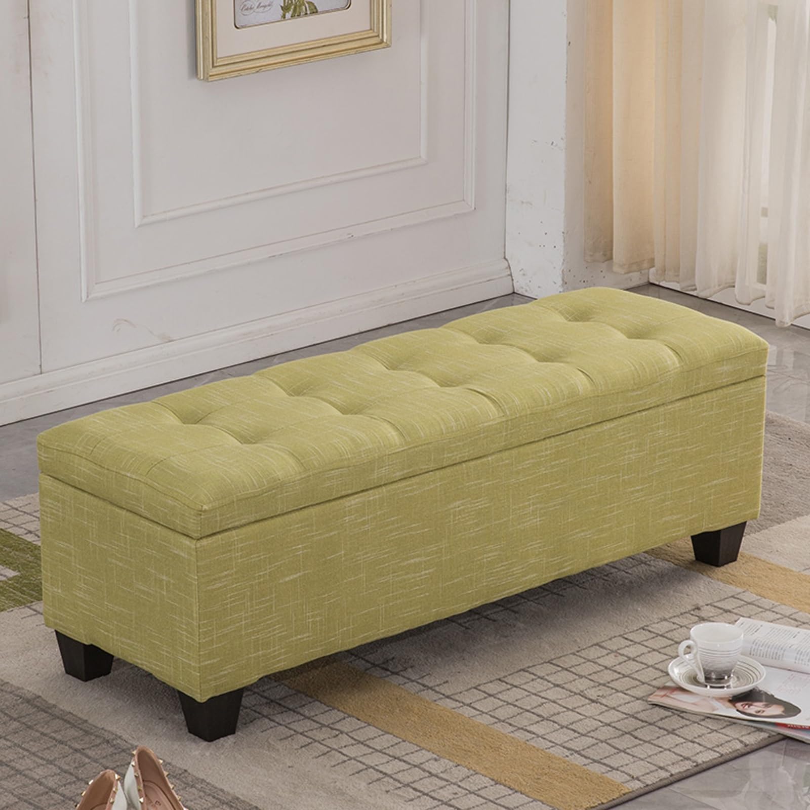 Salon chambre bout de lit banc banc d'entrée，rangement Tabouret à l'entrée，banc de rangement chambre，tabouret en tissu de lin，Siège rembourré，repose-pieds de maison moderne(Fruit green,130*40*40cm/51*